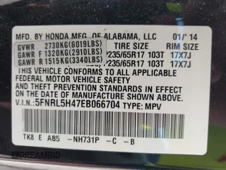 2014 Honda Odyssey EX with VIN 5FNRL5H47EB066704, listed as a IAAI auction lot 42217603 with 197,320 mi miles and . Bid and sale history available at carsss.com. Image 9.