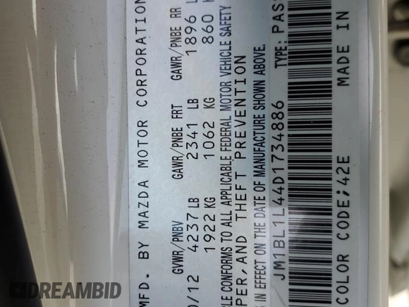 2013 Mazda 3 Mazdaspeed3 Touring with VIN JM1BL1L44D1734886, listed as a Copart auction lot 46096575 with 104,216 mi miles and Salvage Title. Bid and sale history available at DreamBid. Image 12.