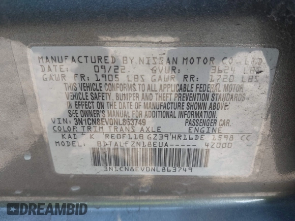 2022 Nissan Versa SV with VIN 3N1CN8EV0NL863749, listed as a IAAI auction lot 42182063 with 11,718 mi miles and . Bid and sale history available at DreamBid. Image 9.