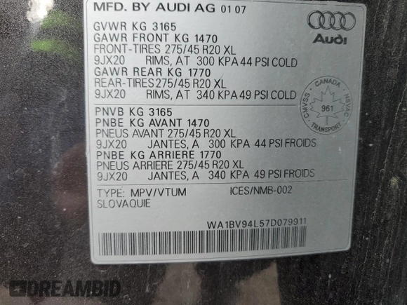 2007 Audi Q7 Premium with VIN WA1BV94L57D079911, listed as a Copart auction lot 47297015 with 125,251 mi miles and Salvage Title. Bid and sale history available at carsss.com. Image 14.