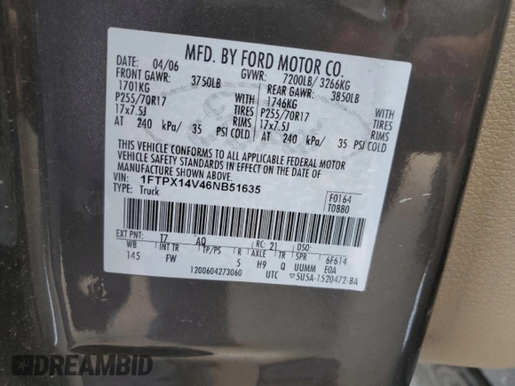 2006 Ford F-150 XLT with VIN 1FTPX14V46NB51635, listed as a Copart auction lot 83404324 with 257,590 mi miles and Salvage Title. Bid and sale history available at carsss.com. Image 12.