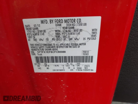 2012 Ford F-150 XL with VIN 1FTFX1EF8CFC66988, listed as a IAAI auction lot 41882826 with 94,635 mi miles. Bid and sale history available at carsss.com. Image 9.