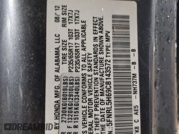 2012 Honda Odyssey EX-L with VIN 5FNRL5H69CB143572, listed as a Copart auction lot 48614255 with 114,490 mi miles and Salvage Title. Bid and sale history available at carsss.com. Image 13.