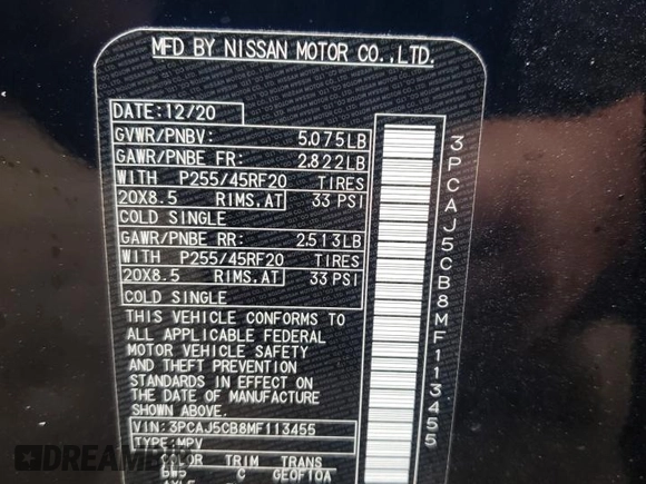 2021 Infiniti QX50 SENSORY with VIN 3PCAJ5CB8MF113455, listed as a Copart auction lot 66349874 with 32,667 mi miles and Salvage Title. Bid and sale history available at carsss.com. Image 13.