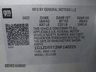2022 Chevrolet Malibu LT with VIN 1G1ZD5ST2NF140225, listed as a IAAI auction lot 41864161 with 61,712 mi miles and . Bid and sale history available at DreamBid. Image 9.