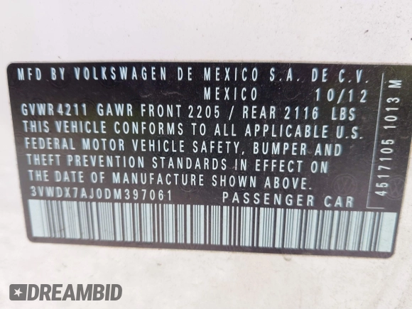 2013 Volkswagen Jetta SE with VIN 3VWDX7AJ0DM397061, listed as a IAAI auction lot 41237703 with 114,704 mi miles and . Bid and sale history available at DreamBid. Image 9.