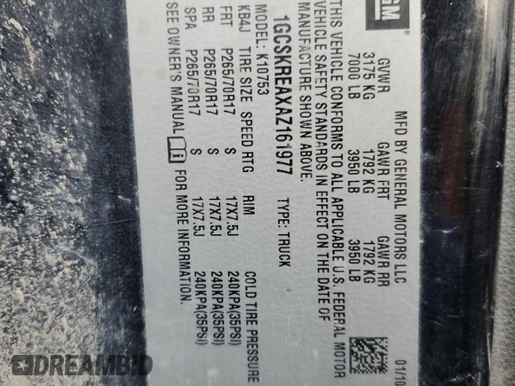 2010 Chevrolet Silverado 1500 LS with VIN 1GCSKREAXAZ161977, listed as a Copart auction lot 43327995 with Not Provided miles and Salvage Title. Bid and sale history available at DreamBid. Image 12.