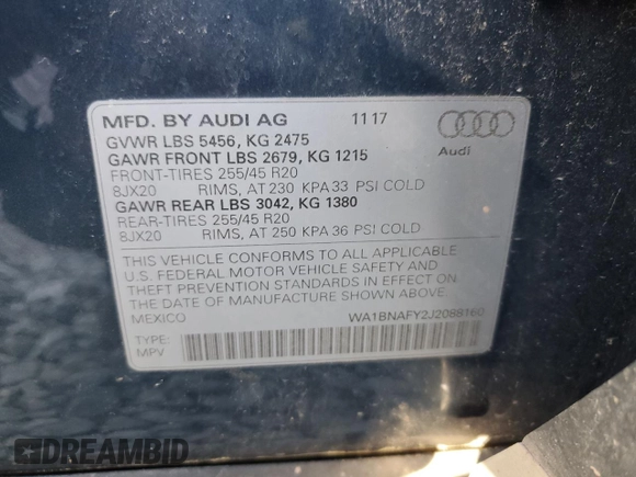 2018 Audi Q5 Premium Plus with VIN WA1BNAFY2J2088160, listed as a Copart auction lot 61017715 with 97,691 mi miles and Salvage title. Bid and sale history available at DreamBid. Image 13.