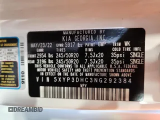 2022 Kia Telluride EX with VIN 5XYP3DHC3NG292384, listed as a Copart auction lot 59927785 with 49,105 mi miles and Salvage title. Bid and sale history available at DreamBid. Image 13.