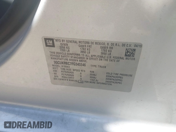 2015 Chevrolet Silverado 1500 LT with VIN 3GCUKREC7FG343346, listed as a IAAI auction lot 41972214 with 256,067 mi miles and . Bid and sale history available at DreamBid. Image 9.