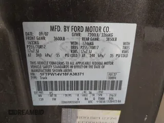 2008 Ford F-150 XLT with VIN 1FTPW14V18FA38371, listed as a IAAI auction lot 42686974 with 156,747 mi miles and . Bid and sale history available at DreamBid. Image 9.