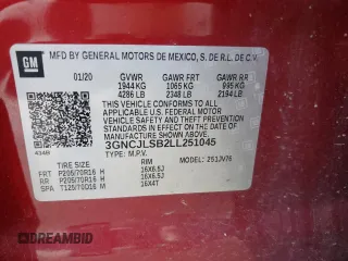 2020 Chevrolet Trax LT with VIN 3GNCJLSB2LL251045, listed as a Copart auction lot 57127135 with 85,989 mi miles and Salvage title. Bid and sale history available at DreamBid. Image 14.