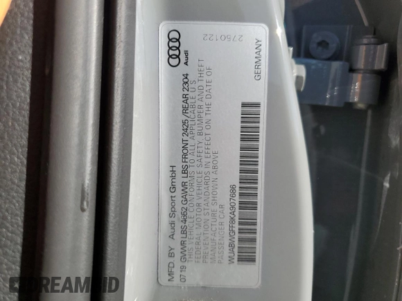 2019 Audi RS 3 with VIN WUABWGFF8KA907686, listed as a Copart auction lot 75947394 with 50,794 mi miles and Salvage title. Bid and sale history available at DreamBid. Image 12.