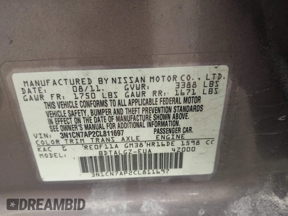 2012 Nissan Versa SL with VIN 3N1CN7AP2CL811697, listed as a IAAI auction lot 41813804 with 1 mi miles. Bid and sale history available at carsss.com. Image 9.