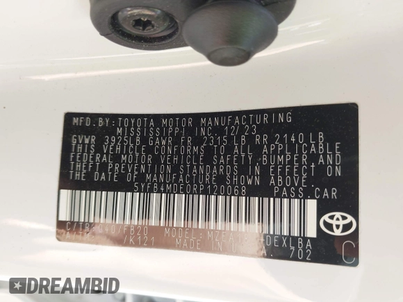 2024 Toyota Corolla LE with VIN 5YFB4MDE0RP120068, listed as a IAAI auction lot 42162214 with Not provided miles and . Bid and sale history available at DreamBid. Image 9.