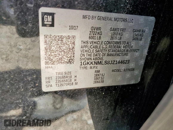 2018 GMC Acadia SLT with VIN 1GKKNMLS8JZ144623, listed as a Copart auction lot 58266545 with 126,966 mi miles and Salvage title. Bid and sale history available at DreamBid. Image 13.