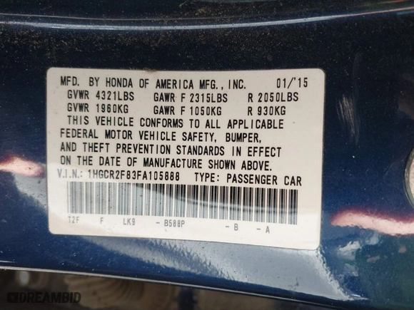 2015 Honda Accord Sedan EX-L with VIN 1HGCR2F83FA105888, listed as a IAAI auction lot 41687251 with 214,461 mi miles. Bid and sale history available at carsss.com. Image 9.