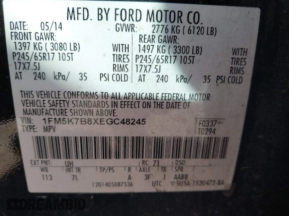 2014 Ford Explorer with VIN 1FM5K7B8XEGC48245, listed as a IAAI auction lot 40602349 with 178,412 mi miles and . Bid and sale history available at DreamBid. Image 9.