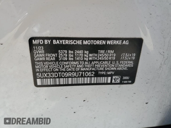 2024 BMW X4 xDrive30i z VIN 5UX33DT09R9U71062, wystawiony jako Copart lot #52200375 z przebiegiem 21 979 mil mil oraz Szkoda całkowita • Salvage title. Historia ofert i sprzedaży dostępna na DreamBid. Obrazek 13.