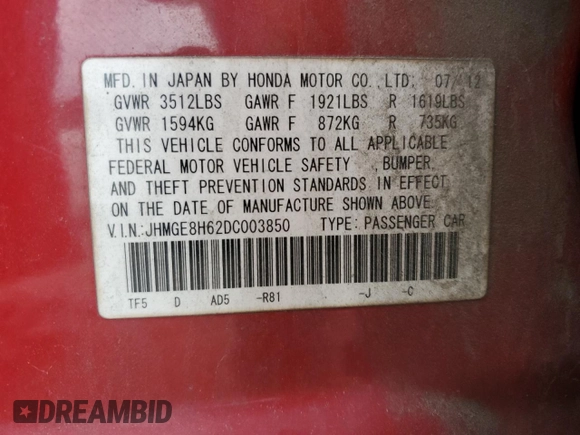 2013 Honda Fit Sport z VIN JHMGE8H62DC003850, wystawiony jako Copart lot #55141065 z przebiegiem 266 938 mil mil oraz Szkoda całkowita • Salvage title. Historia ofert i sprzedaży dostępna na DreamBid. Obrazek 12.