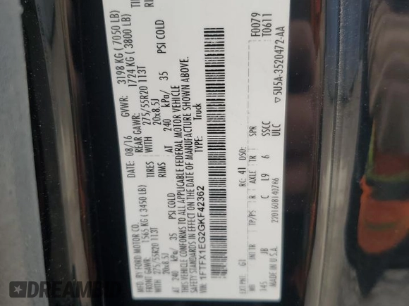 2016 Ford F-150 XLT with VIN 1FTFX1EG2GKF42362, listed as a Copart auction lot 47530645 with 147,093 mi miles and Non Repairable. Bid and sale history available at carsss.com. Image 12.