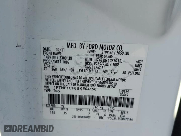 2011 Ford F-150 XL with VIN 1FTNF1CF8BKE04150, listed as a Copart auction lot 82493914 with 169,913 mi miles and Clean Title. Bid and sale history available at DreamBid. Image 12.