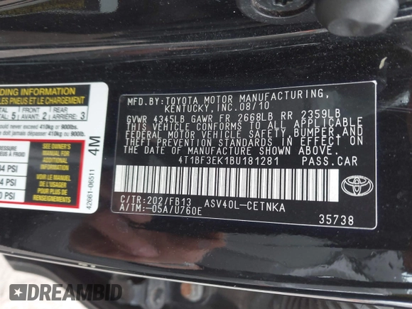 2011 Toyota Camry LE with VIN 4T1BF3EK1BU181281, listed as a IAAI auction lot 42030812 with 275,975 mi miles and . Bid and sale history available at carsss.com. Image 9.