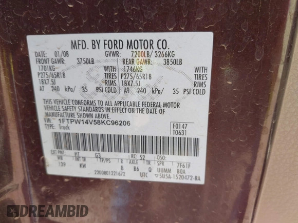 2008 Ford F-150 XLT with VIN 1FTPW14V58KC96206, listed as a IAAI auction lot 42004866 with 208,481 mi miles. Bid and sale history available at carsss.com. Image 9.
