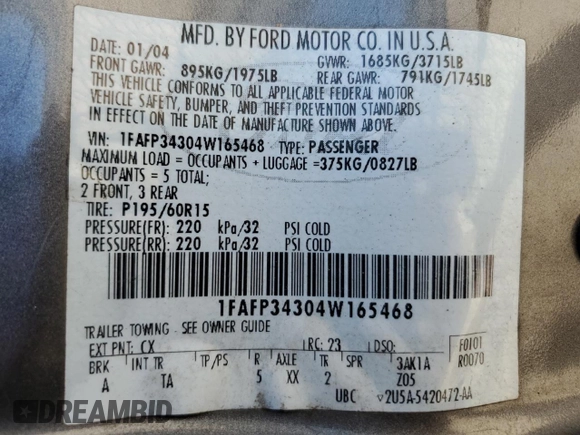 2004 Ford Focus SE with VIN 1FAFP34304W165468, listed as a Copart auction lot 45719985 with 208,259 mi miles and Salvage title. Bid and sale history available at DreamBid. Image 12.