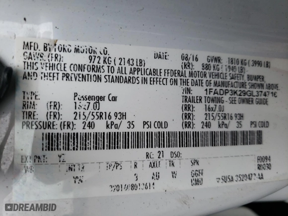 2016 Ford Focus SE with VIN 1FADP3K29GL374716, listed as a Copart auction lot 43301711 with 105,738 mi miles and Salvage Title. Bid and sale history available at carsss.com. Image 10.