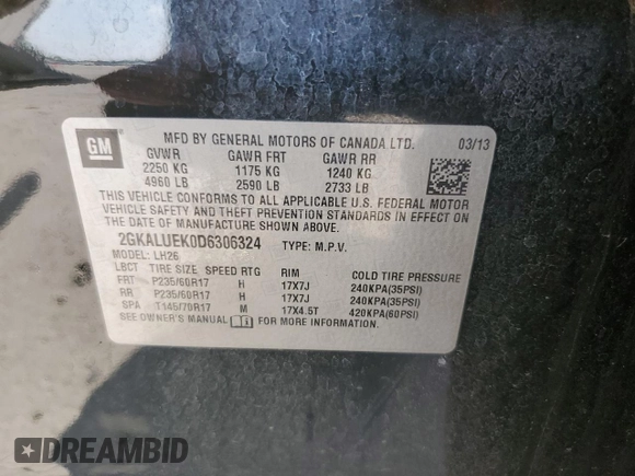 2013 GMC Terrain SLT with VIN 2GKALUEK0D6306324, listed as a Copart auction lot 62365165 with 184,897 mi miles and Salvage title. Bid and sale history available at DreamBid. Image 12.