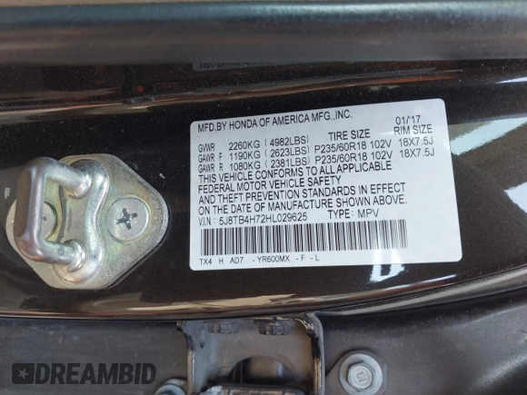 2017 Acura RDX w/Advance Pkg with VIN 5J8TB4H72HL029625, listed as a IAAI auction lot 41719080 with 257,966 mi miles. Bid and sale history available at carsss.com. Image 9.