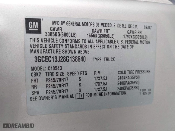 2008 Chevrolet Silverado 1500 LTZ with VIN 3GCEC13J28G138640, listed as a IAAI auction lot 42094031 with 246,804 mi miles. Bid and sale history available at carsss.com. Image 9.