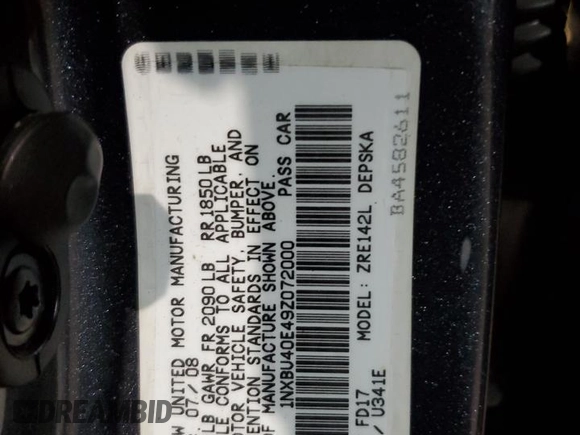 2009 Toyota Corolla with VIN 1NXBU40E49Z072000, listed as a Copart auction lot 55292905 with 188,275 mi miles and Clean Title. Bid and sale history available at carsss.com. Image 12.