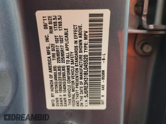 2011 Honda CR-V LX z VIN 5J6RE3H31BL045520, wystawiony jako Copart lot #59717755 z przebiegiem 166 163 mil mil oraz Szkoda całkowita • Salvage title. Historia ofert i sprzedaży dostępna na DreamBid. Obrazek 13.