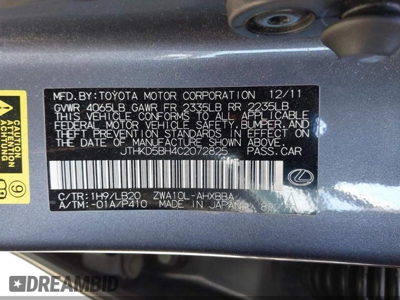 2012 Lexus CT CT 200h with VIN JTHKD5BH4C2072825, listed as a IAAI auction lot 41958459 with 141,757 mi miles and . Bid and sale history available at carsss.com. Image 9.