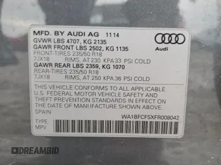 2015 Audi Q3 Premium Plus with VIN WA1BFCFSXFR008042, listed as a Copart auction lot 84424814 with 98,811 mi miles and Clean title. Bid and sale history available at DreamBid. Image 15.