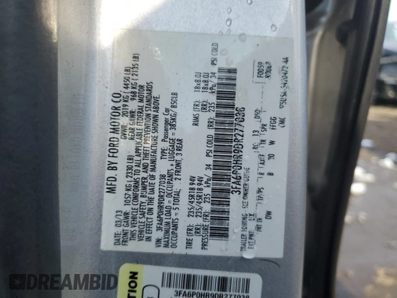 2013 Ford Fusion SE with VIN 3FA6P0HR9DR277038, listed as a Copart auction lot 46719965 with 165,444 mi miles and Non repairable. Bid and sale history available at DreamBid. Image 12.