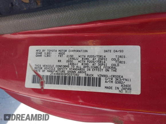 1993 Toyota Pickup with VIN JT4VN93D3P5037082, listed as a IAAI auction lot 42429972 with 187,284 mi miles and . Bid and sale history available at DreamBid. Image 9.