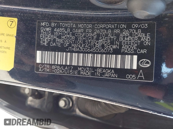 2004 Lexus ES 350 with VIN JTHBA30G645006073, listed as a IAAI auction lot 42548857 with 187,475 mi miles and . Bid and sale history available at DreamBid. Image 9.