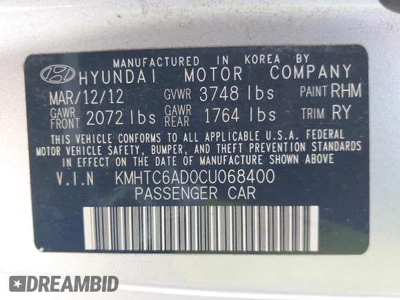 2012 Hyundai Veloster w/Gray Int with VIN KMHTC6AD0CU068400, listed as a IAAI auction lot 41493521 with 72,682 mi miles and . Bid and sale history available at DreamBid. Image 9.