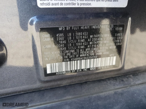 2010 Subaru Outback with VIN 4S4BRBAC0A3350260, listed as a Copart auction lot 44448345 with 75,350 mi miles and Salvage Title. Bid and sale history available at carsss.com. Image 13.