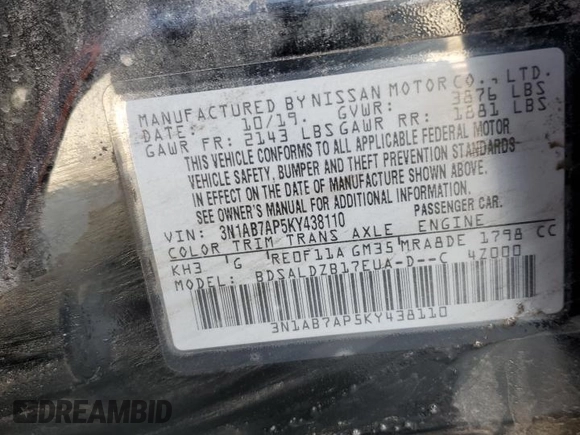 2019 Nissan Sentra SV with VIN 3N1AB7AP5KY438110, listed as a Copart auction lot 50462135 with 47,268 mi miles and Salvage Title. Bid and sale history available at carsss.com. Image 12.
