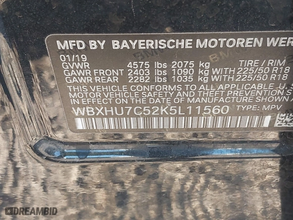 2019 BMW X1 sDrive28i with VIN WBXHU7C52K5L11560, listed as a IAAI auction lot 41354422 with 115,401 mi miles. Bid and sale history available at carsss.com. Image 9.