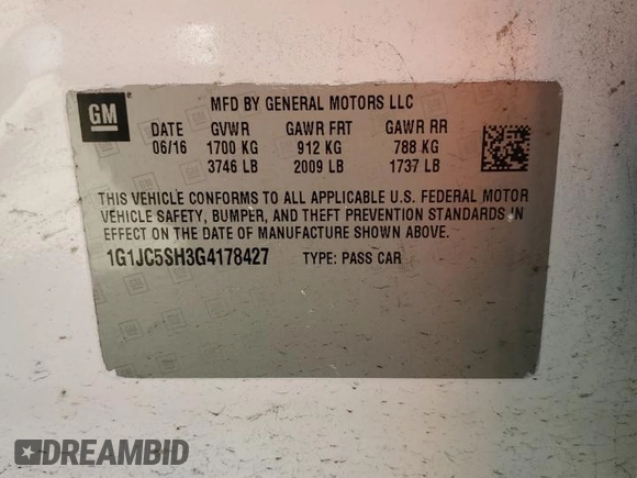 2016 Chevrolet Sonic LT with VIN 1G1JC5SH3G4178427, listed as a Copart auction lot 46332365 with Not provided miles and Salvage title. Bid and sale history available at DreamBid. Image 12.