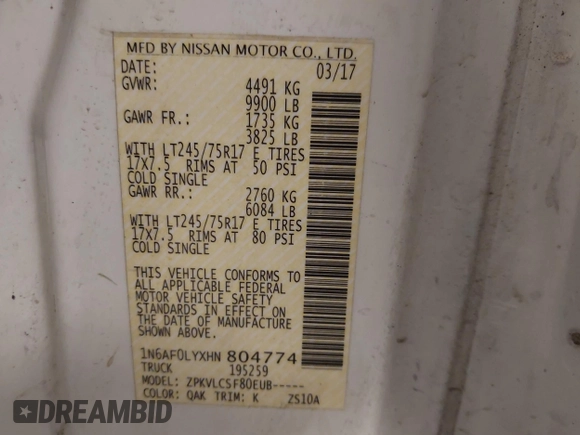2017 Nissan NV Cargo SV with VIN 1N6AF0LYXHN804774, listed as a IAAI auction lot 41951979 with 157,584 mi miles and . Bid and sale history available at DreamBid. Image 9.