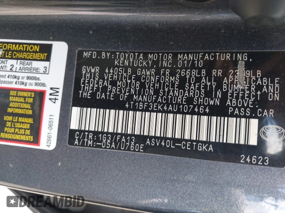 2010 Toyota Camry with VIN 4T1BF3EK4AU107464, listed as a IAAI auction lot 42244225 with 288,367 mi miles and . Bid and sale history available at DreamBid. Image 9.