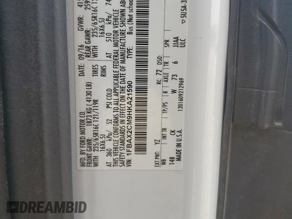 2017 Ford Transit XL z VIN 1FBAX2CM9HKA21590, wystawiony jako Copart lot #58671505 z przebiegiem 123 464 mil mil oraz Szkoda całkowita • Salvage title. Historia ofert i sprzedaży dostępna na DreamBid. Obrazek 13.