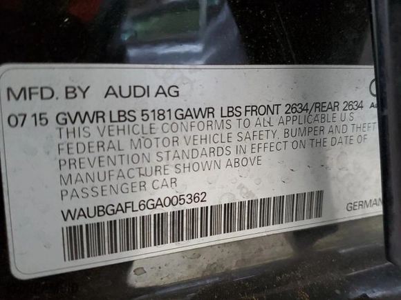 2016 Audi S4 Premium Plus with VIN WAUBGAFL6GA005362, listed as a Copart auction lot 85943104 with 90,910 mi miles and Salvage Title. Bid and sale history available at carsss.com. Image 12.
