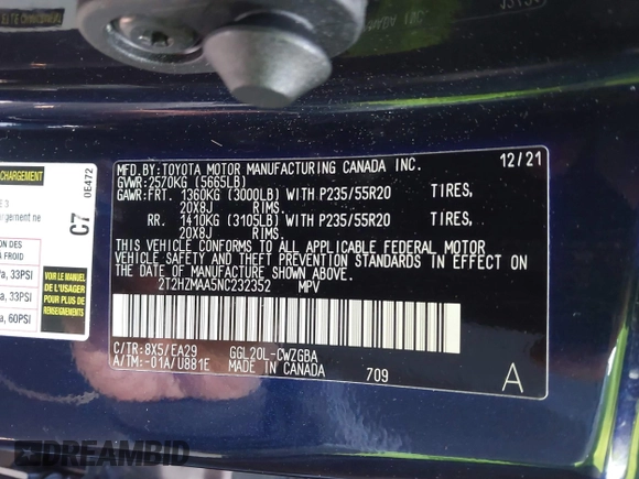 2022 Lexus RX 350 with VIN 2T2HZMAA5NC232352, listed as a IAAI auction lot 42399381 with 13,359 mi miles and . Bid and sale history available at DreamBid. Image 9.
